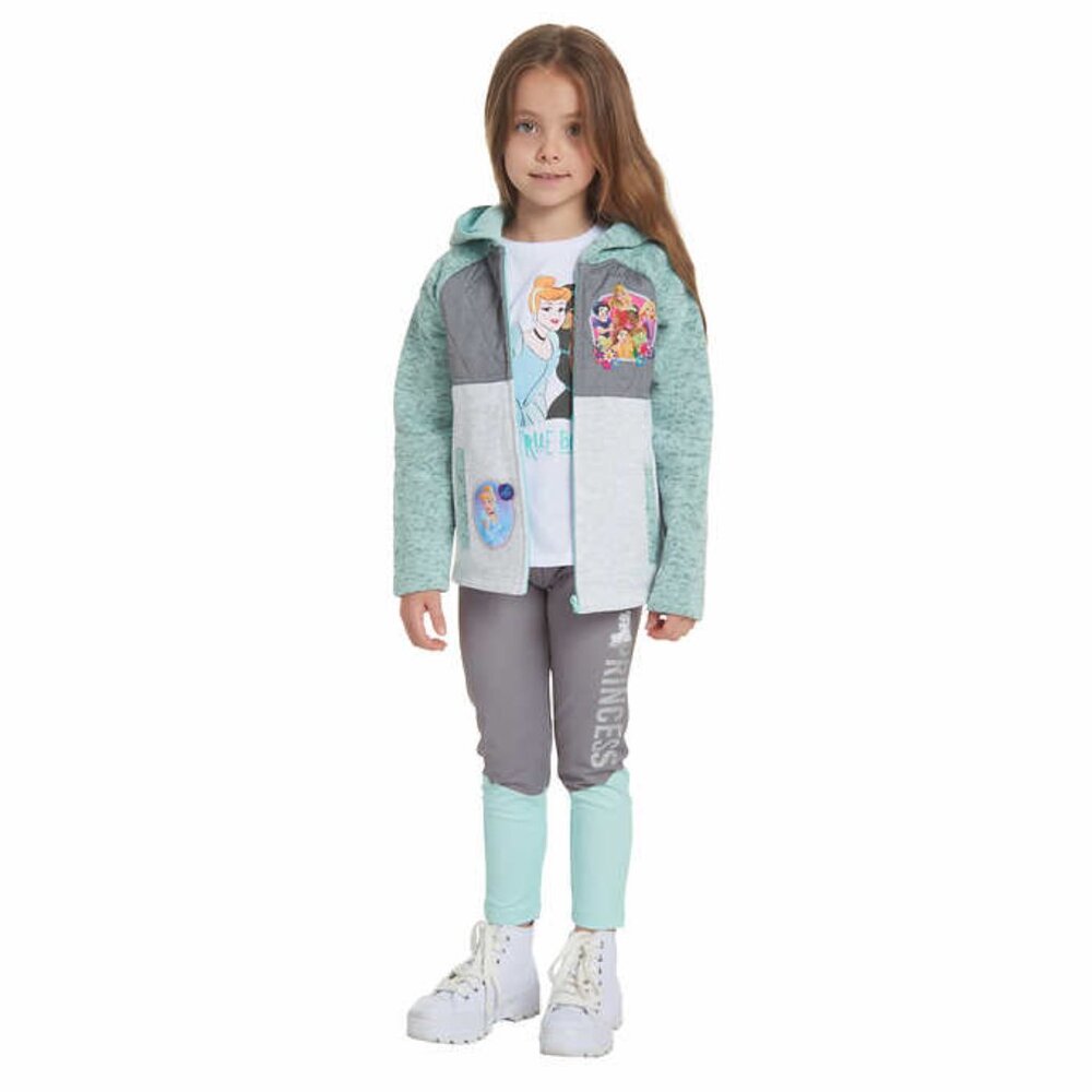 Disney Princess Kids 3-Piece Set, Fleece Jacket T-Shirt & Leggings Gray/Cream, 6